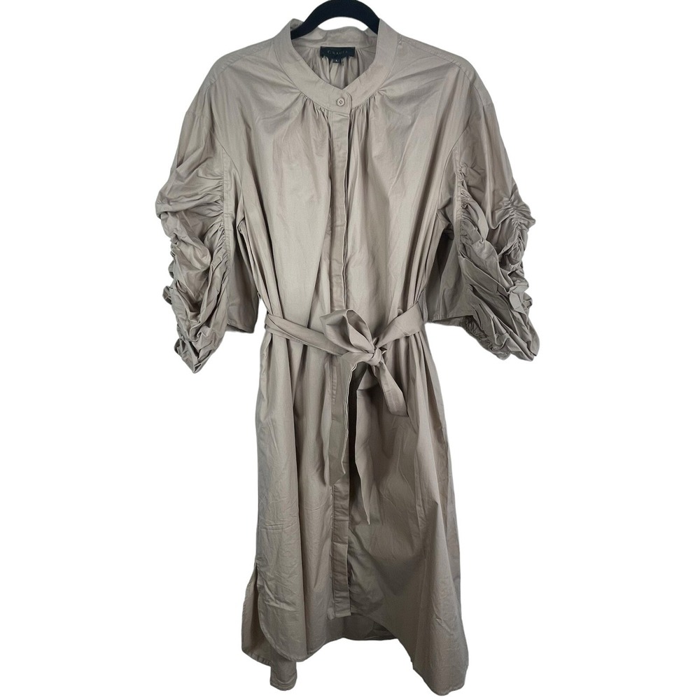 Gracia Puff Sleeve Tan Midi Button Front Dress Women Size Large Belted Cotton